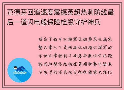 范德芬回追速度震撼英超热刺防线最后一道闪电般保险栓级守护神兵