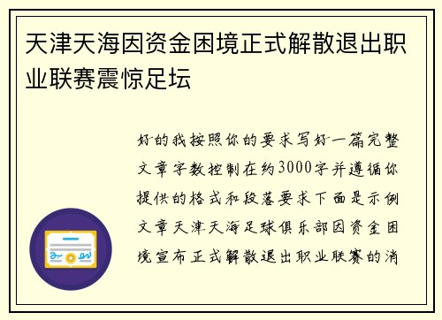 天津天海因资金困境正式解散退出职业联赛震惊足坛