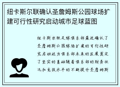 纽卡斯尔联确认圣詹姆斯公园球场扩建可行性研究启动城市足球蓝图